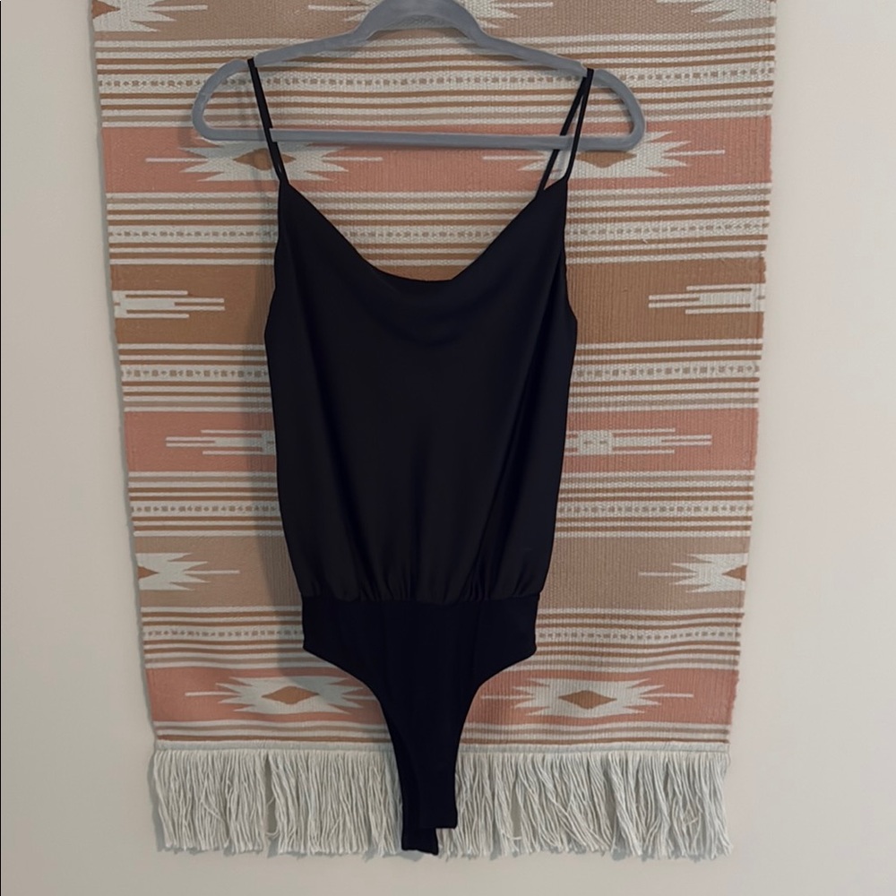 Emmerson Black Satin Sleeveless Cowl Neck Bodysuit - Picture 2 of 6